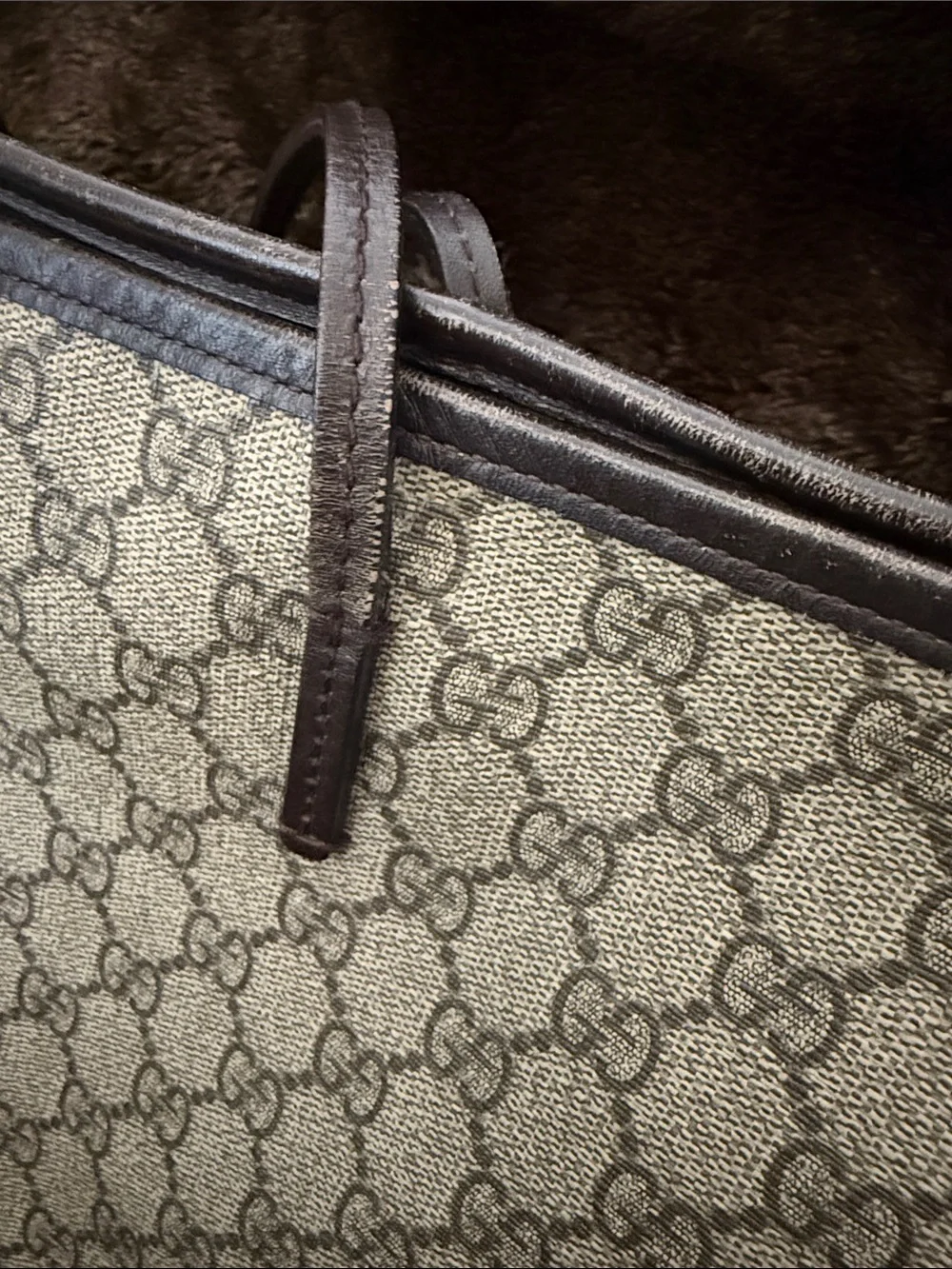 Gucci Beige GG Supreme Canvas Tote with Brown Trim